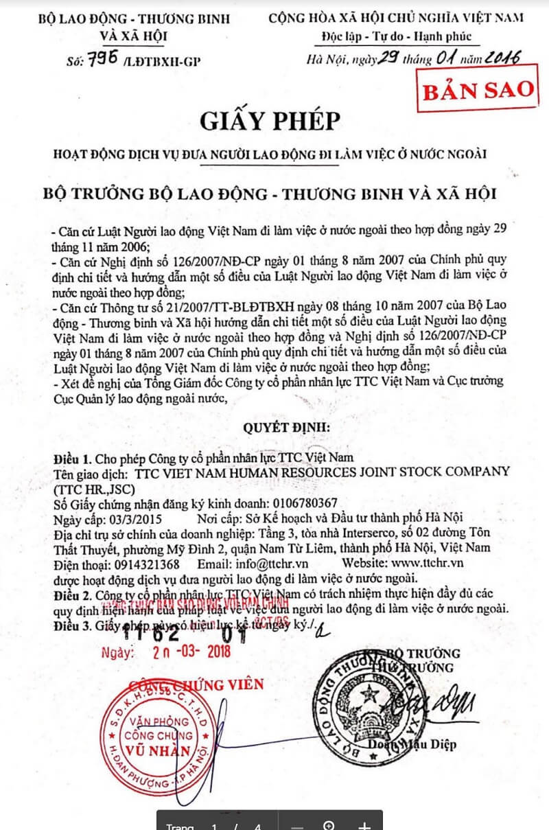 Giấy phép hoạt động xuất khẩu lao động công ty TTC Việt Nam